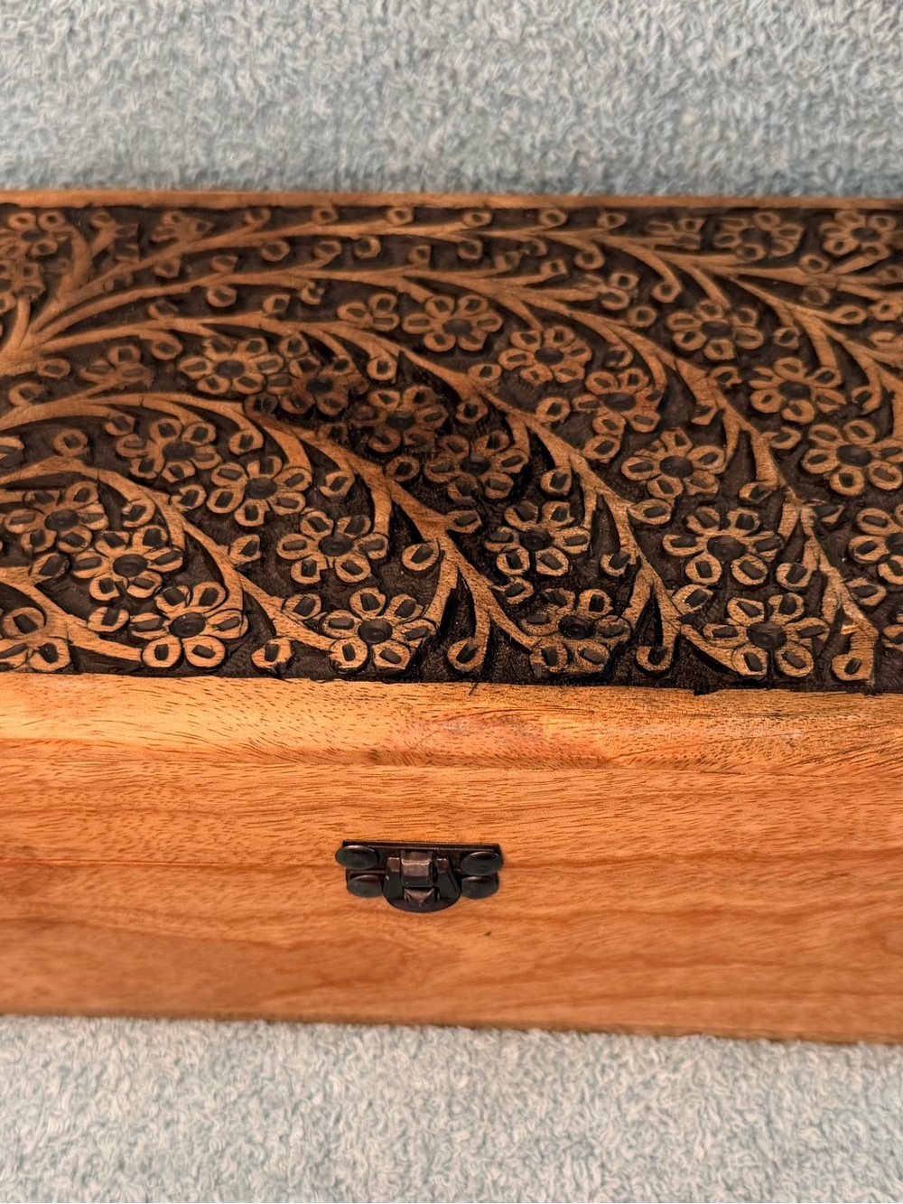 Hand Carved Wooden Jewelry Trinket Box Floral Boho Keepsake Tree of Life